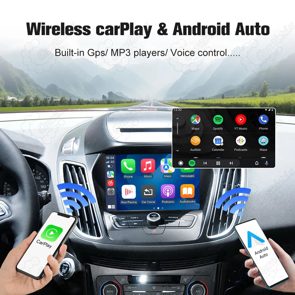 Wireless Apple CarPlay and Android Auto interface for Ford SYNC 2, supporting built-in GPS, Waze maps, Spotify music streaming, and hands-free operations.