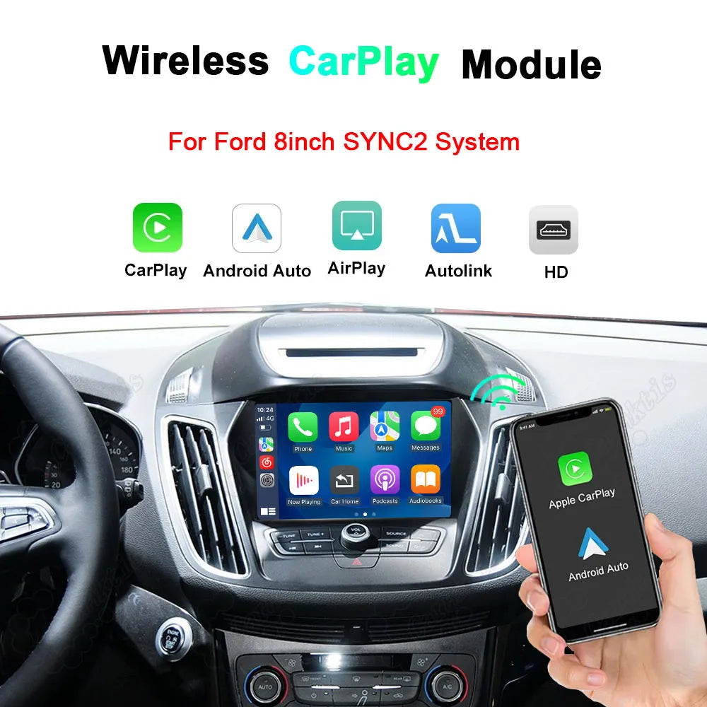 Wireless Apple CarPlay and Android Auto upgrade module for Ford 8-inch SYNC 2 system, showing smartphone smart connectivity.