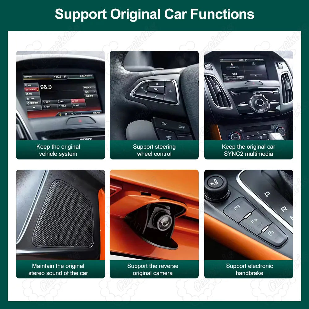 Smart CarPlay integration kit preserves original Ford SYNC 2 features, supporting steering wheel buttons, factory reversing camera, and stereo sound.
