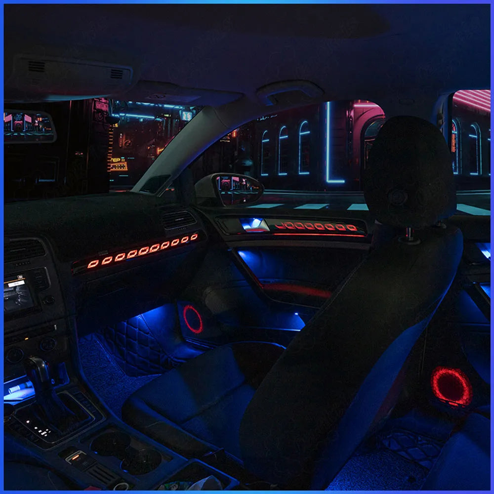 Full interior view of a Volkswagen Golf MK7 cabin illuminated by the CarAkits Magic Cube style dynamic LED ambient lighting, featuring sharp multicolor block effects.