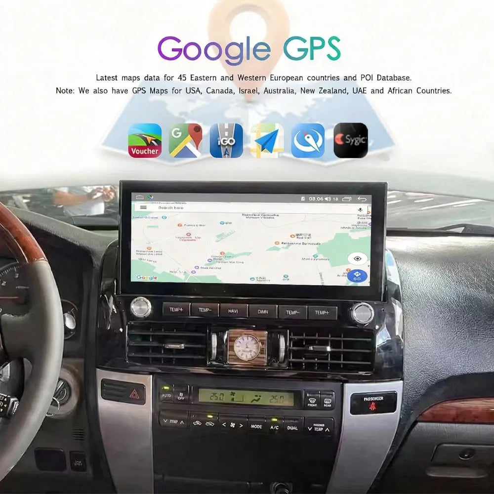 Google GPS navigation map software interface on 12.3-inch Android screen for Toyota Land Cruiser Prado 120.