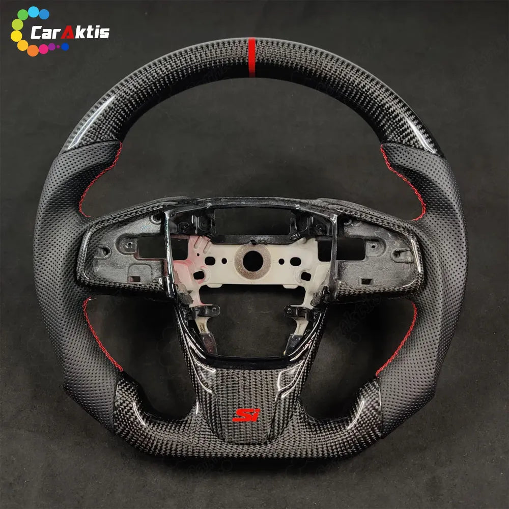 Custom gloss carbon fiber steering wheel for Honda Civic 10th Gen (2016-2021) with a red 12 o&