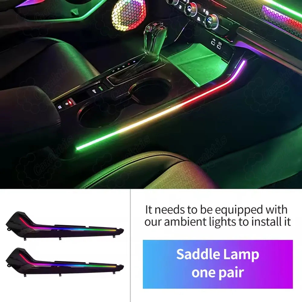 Center console storage area illuminated by CarAktis LED ambient light.