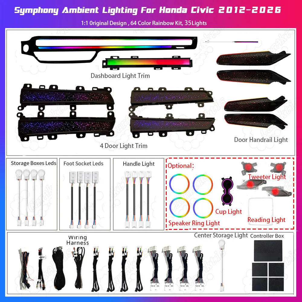 Complete Honda Civic 11th Gen Starry Sky ambient light kit from Caraktis, including LED strips, controllers, and plug-and-play harnesses.