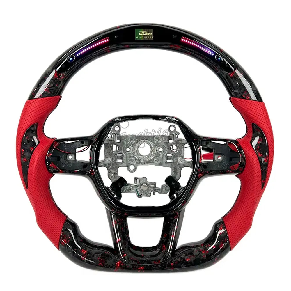 Custom Honda Civic LED steering wheel featuring marble-pattern forged carbon fiber and vibrant red leather grips with shift light display, performance upgrade by Caraktis.