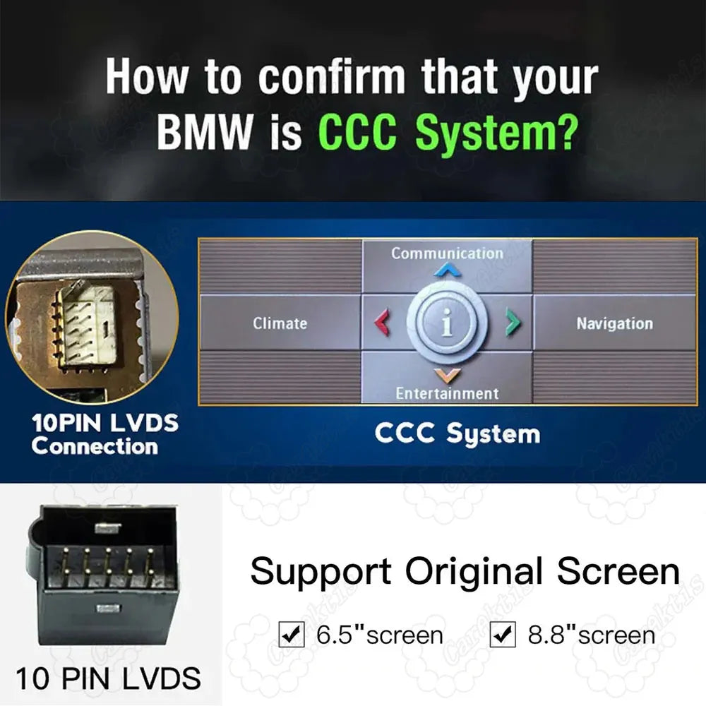 Identification guide for older BMW CCC iDrive systems showing the classic 4-quadrant home menu layout and a 10-pin LVDS connection port.