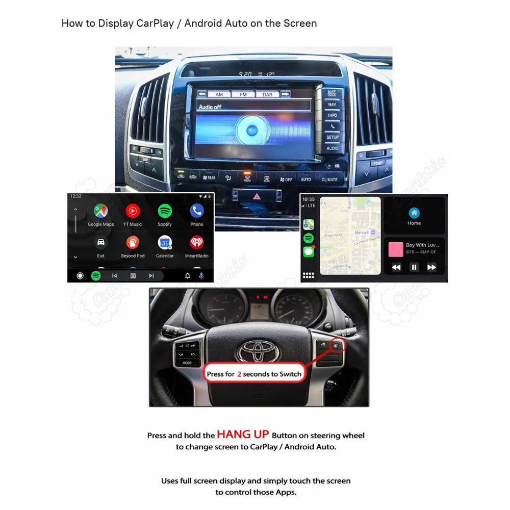 Instruction guide showing how to press and hold the hang-up button on the steering wheel for 2 seconds to switch the screen to CarPlay or Android Auto.
