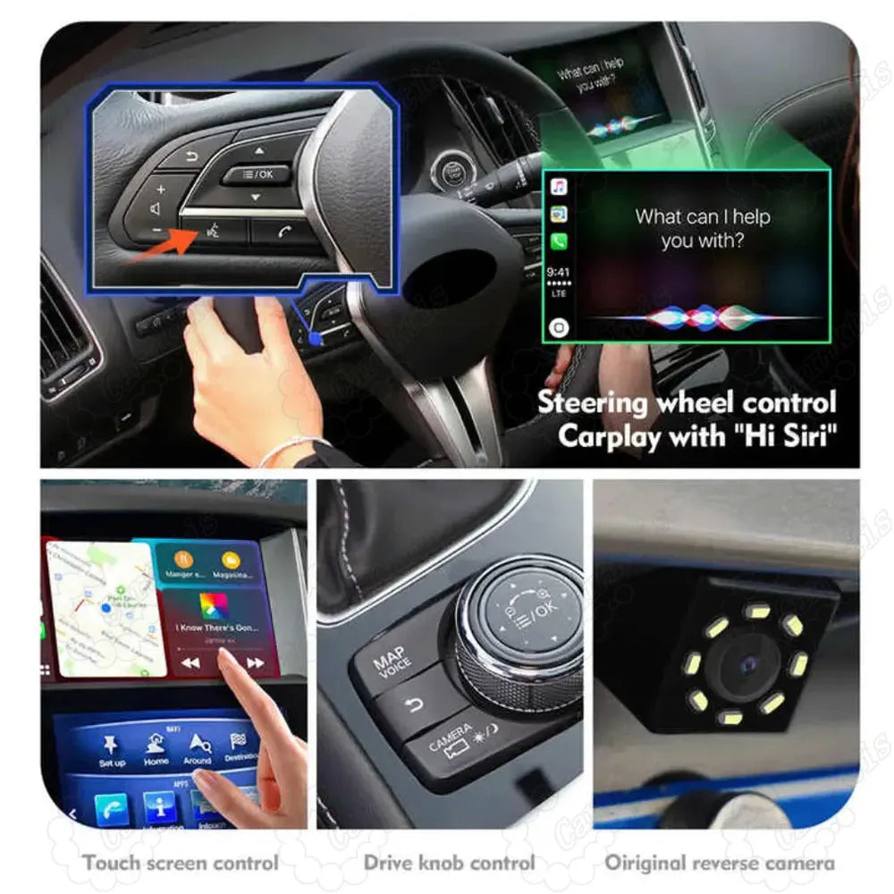 Close-up of steering wheel controls, Siri voice activation, and factory backup camera integration on Infiniti infotainment screen.