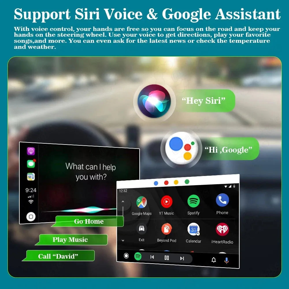 Infotainment screen feature showcasing voice control compatibility with Apple Siri and Google Assistant, showing voice commands like "Hey Siri" and "Hi Google" for hands-free driving.