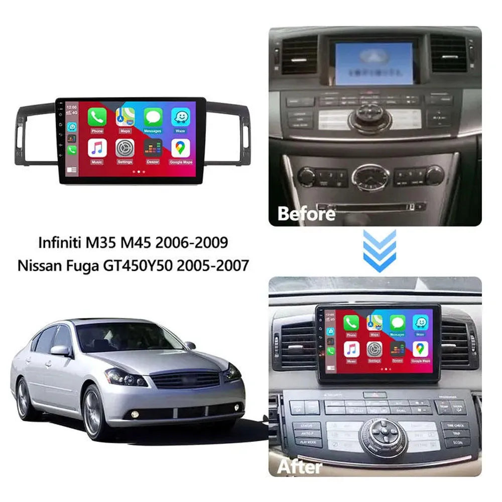 Before and after installation comparison of 9-inch Android radio in Infiniti M35 M45 and Nissan Fuga