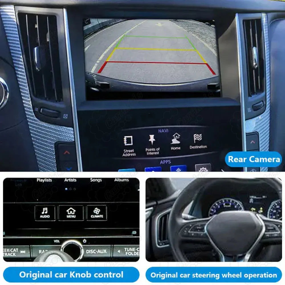 Smart interface module retaining original car dial knob controls, steering wheel operations, and factory rear view parking camera.