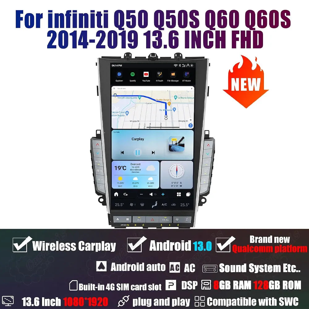 13.6-inch FHD Android 13 Tesla-style screen for Infiniti Q50 Q60 with Wireless CarPlay and 8GB RAM 128GB ROM.