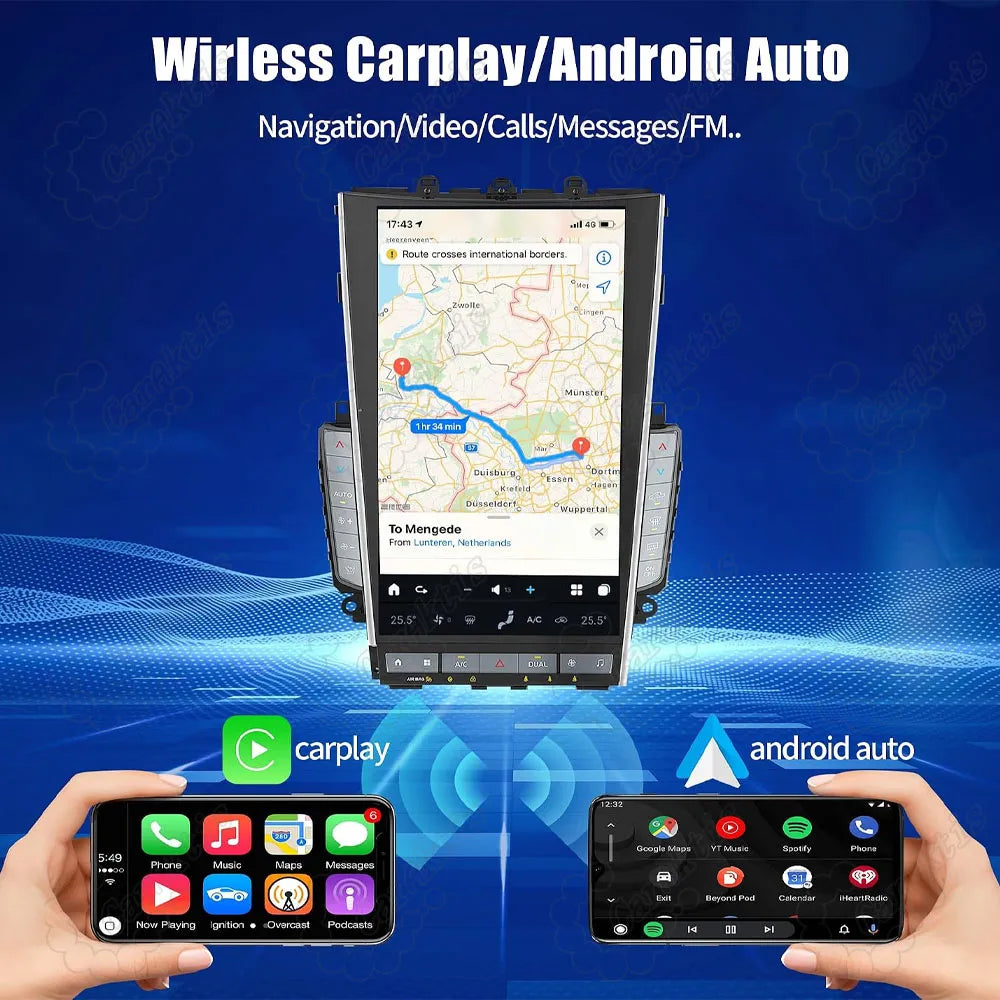 Wireless Apple CarPlay and Wireless Android Auto integration with GPS navigation on Infiniti Q50 Q60 screen.
