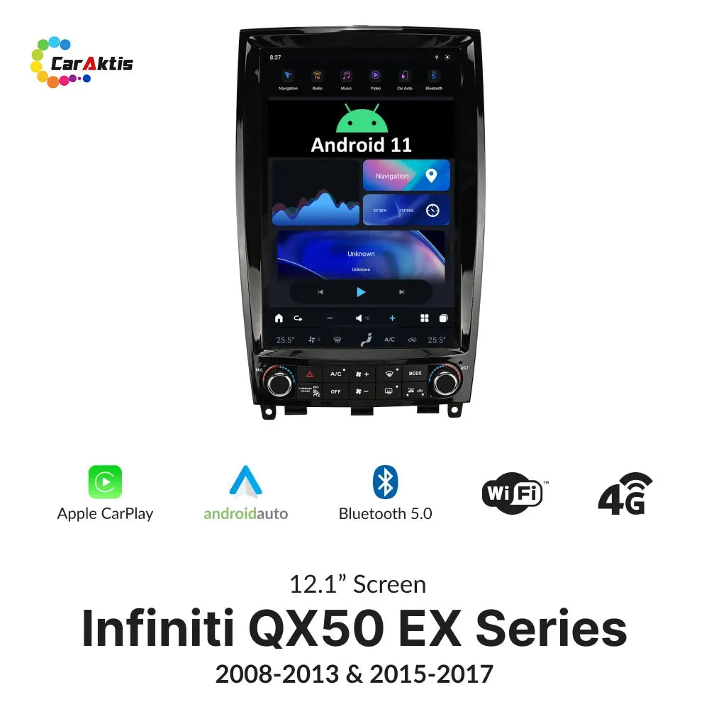 12.1-inch Tesla-style Android touchscreen stereo for Infiniti QX50 EX Series (2008-2017) with Wireless CarPlay and Android Auto.