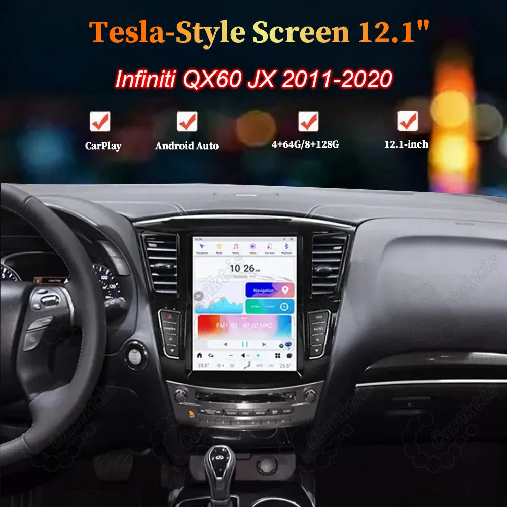 12.1-inch Tesla-style vertical Android screen head unit upgrade for Infiniti QX60 JX35 2011-2020 featuring CarPlay and Android Auto.