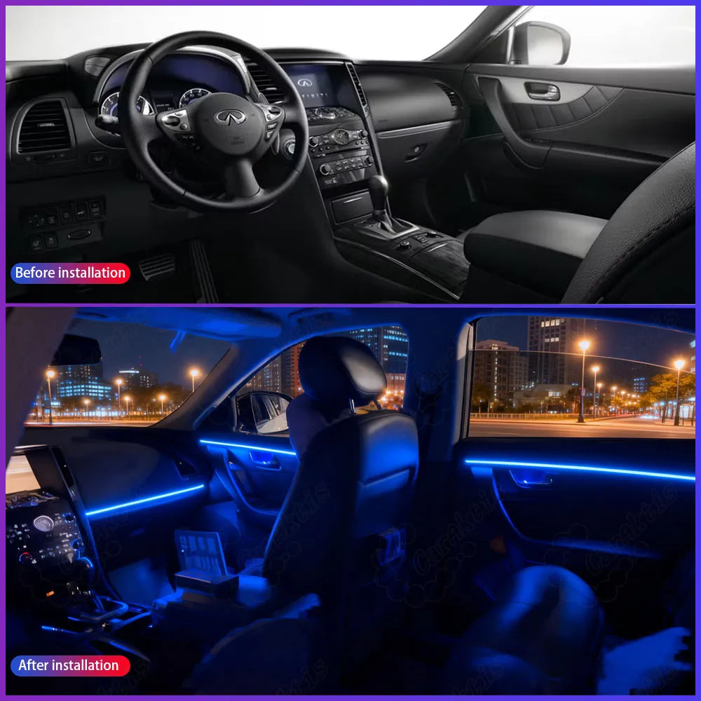 Before and after installation comparison of the invisible ambient lighting on Infiniti QX70 dashboard and doors, showing a clean stock look versus a premium dynamic glowing interior.
