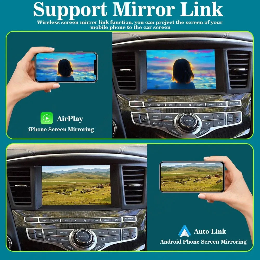 Dual demonstration of wireless screen mirroring, showing Apple AirPlay for iPhone on the top and Auto Link for Android phones on the bottom, casting media seamlessly to the car screen.