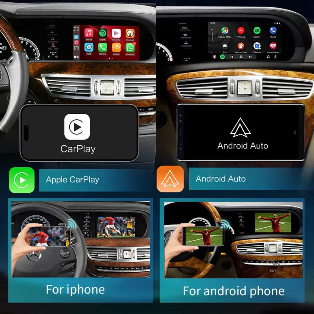 Comparison of Apple CarPlay and Android Auto interfaces next to smartphone screen mirroring features for iPhone and Android.