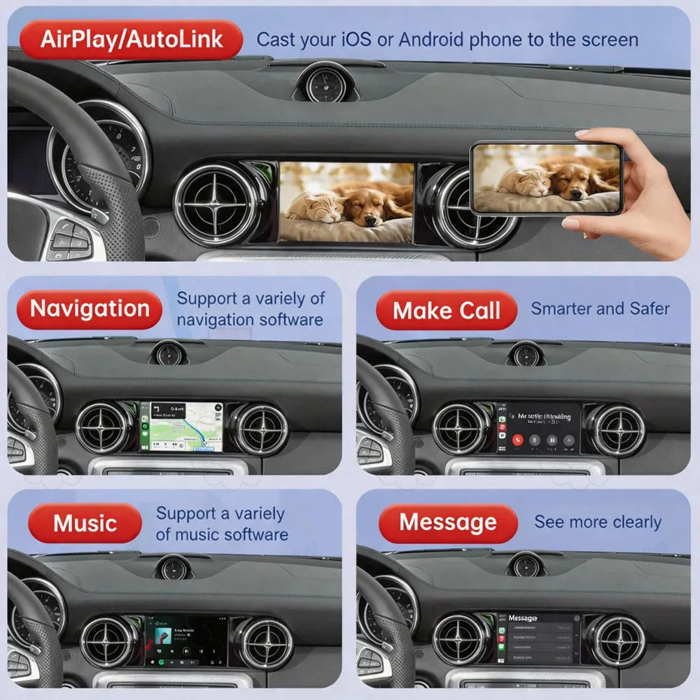 Features of the CarPlay module including GPS navigation, music streaming, smart phone mirroring, and handsfree calls.