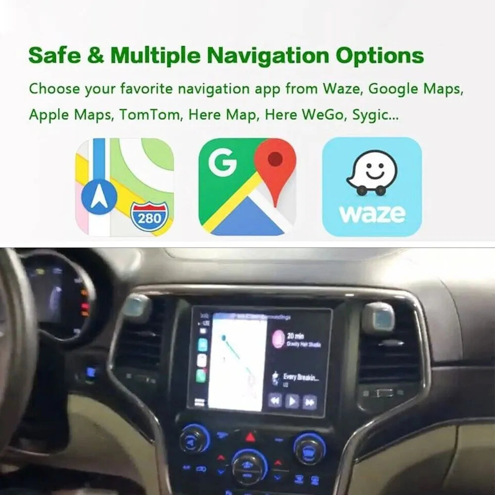 Multiple navigation options shown on Jeep display supporting Waze, Google Maps, and Apple Maps through the wireless CarPlay upgrade.