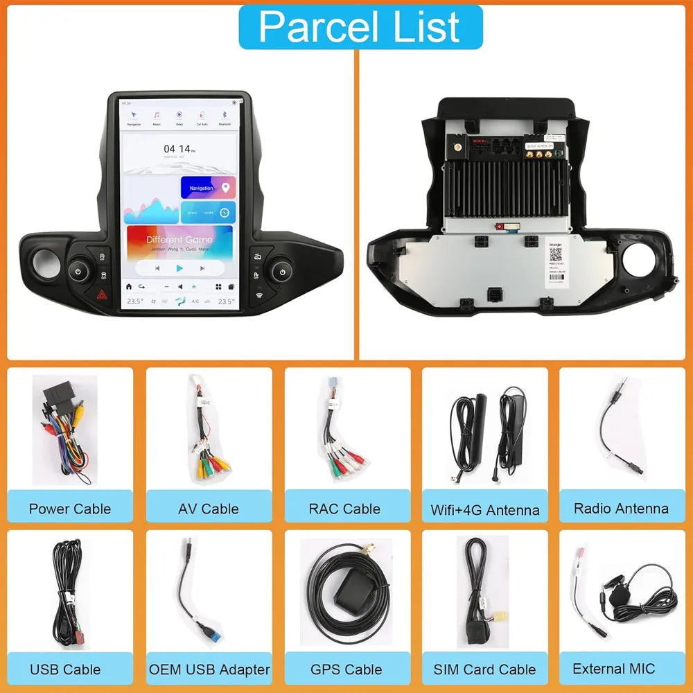 Parcel list and wiring harness accessories for Jeep Wrangler 13.6 inch head unit plug and play installation.