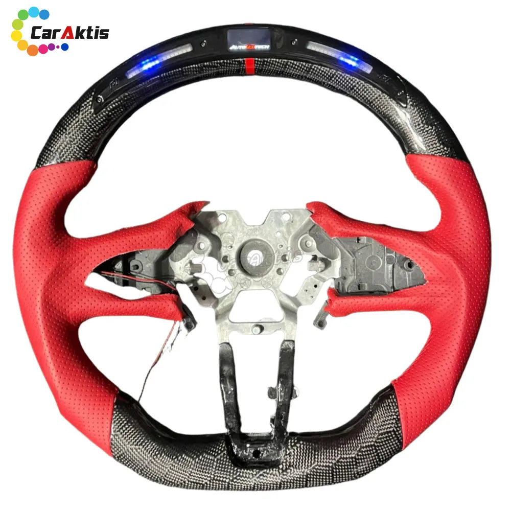 Custom Kia Stinger Racing Steering Wheel with Red Perforated Leather and LED Performance Display.