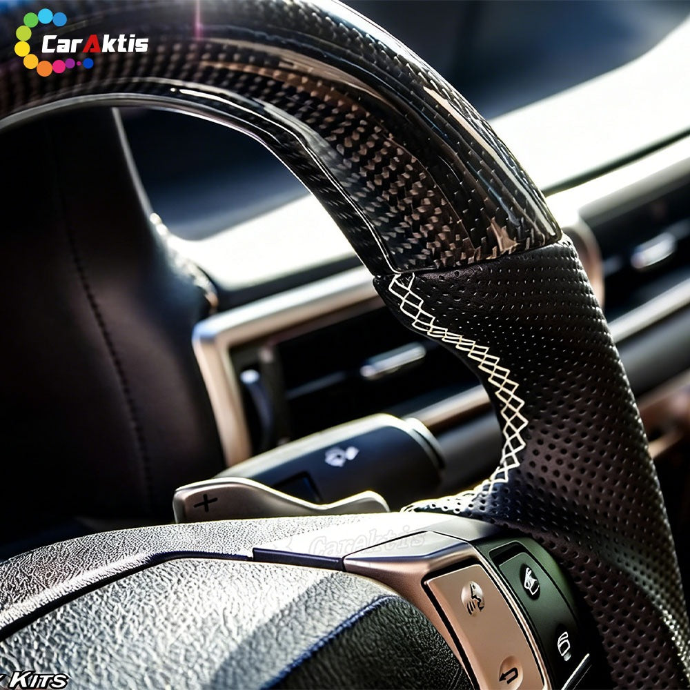 High-definition close-up of the 3K twill carbon fiber weave on a Lexus ES GS steering wheel, featuring a premium high-gloss UV-resistant clear coat.