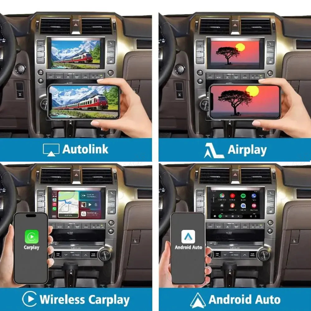 Showcase of connectivity options including Autolink, Apple Airplay screen mirroring, Wireless CarPlay, and Android Auto on a Lexus infotainment system.