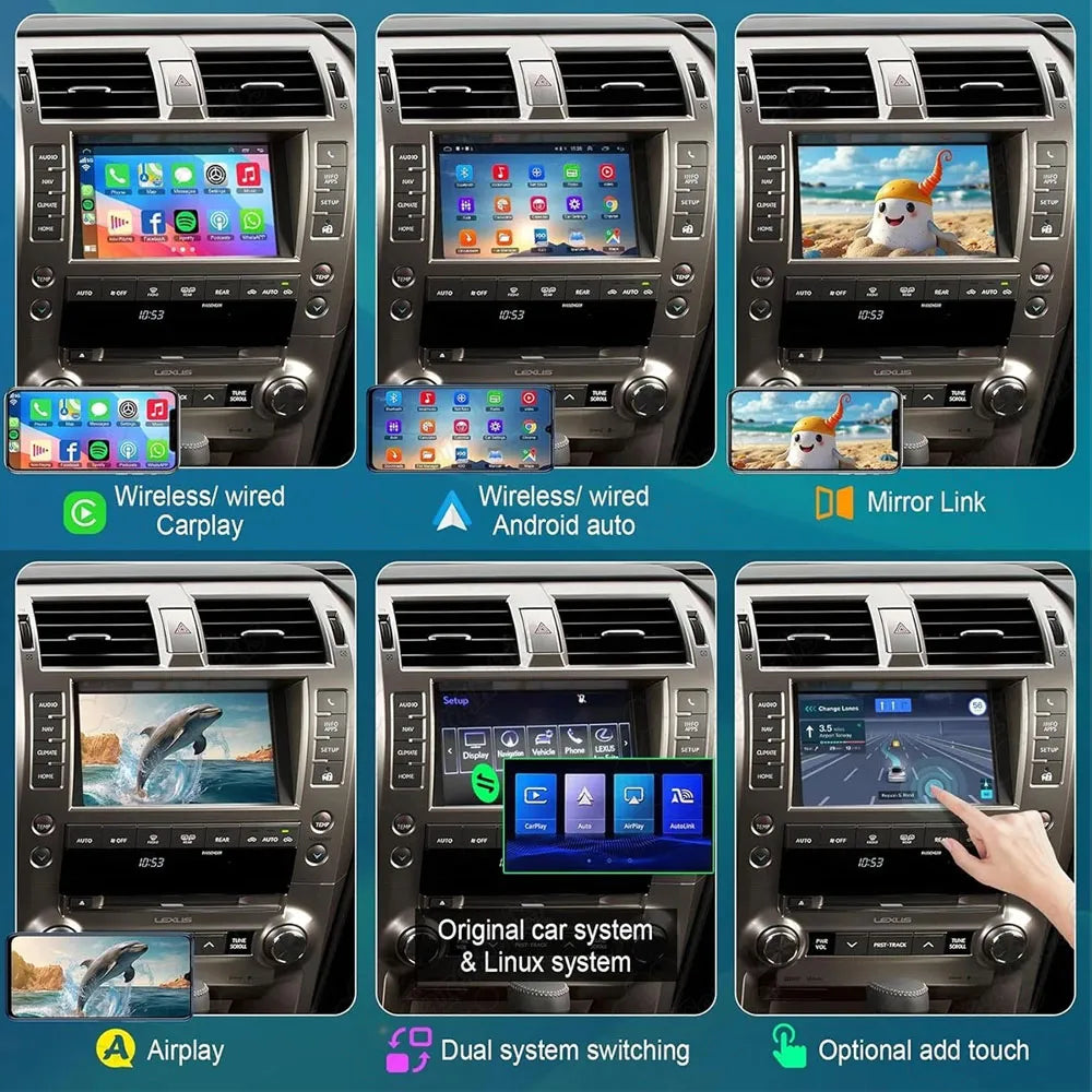 Multi-feature overview of Lexus CarPlay module showing online navigation, backup camera, AirPlay, and Siri.