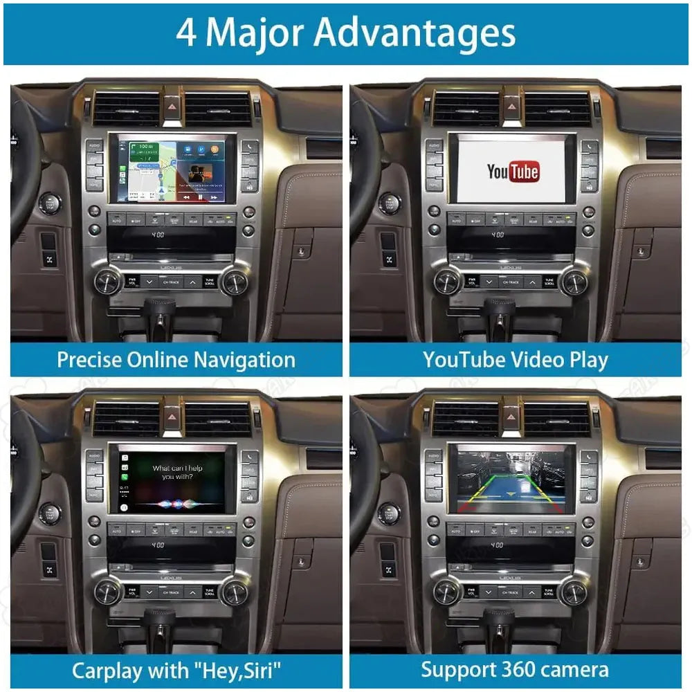 Four major advantages of the Lexus CarPlay module: precise online navigation, YouTube video playback, CarPlay with Hey Siri, and 360-degree backup camera support.