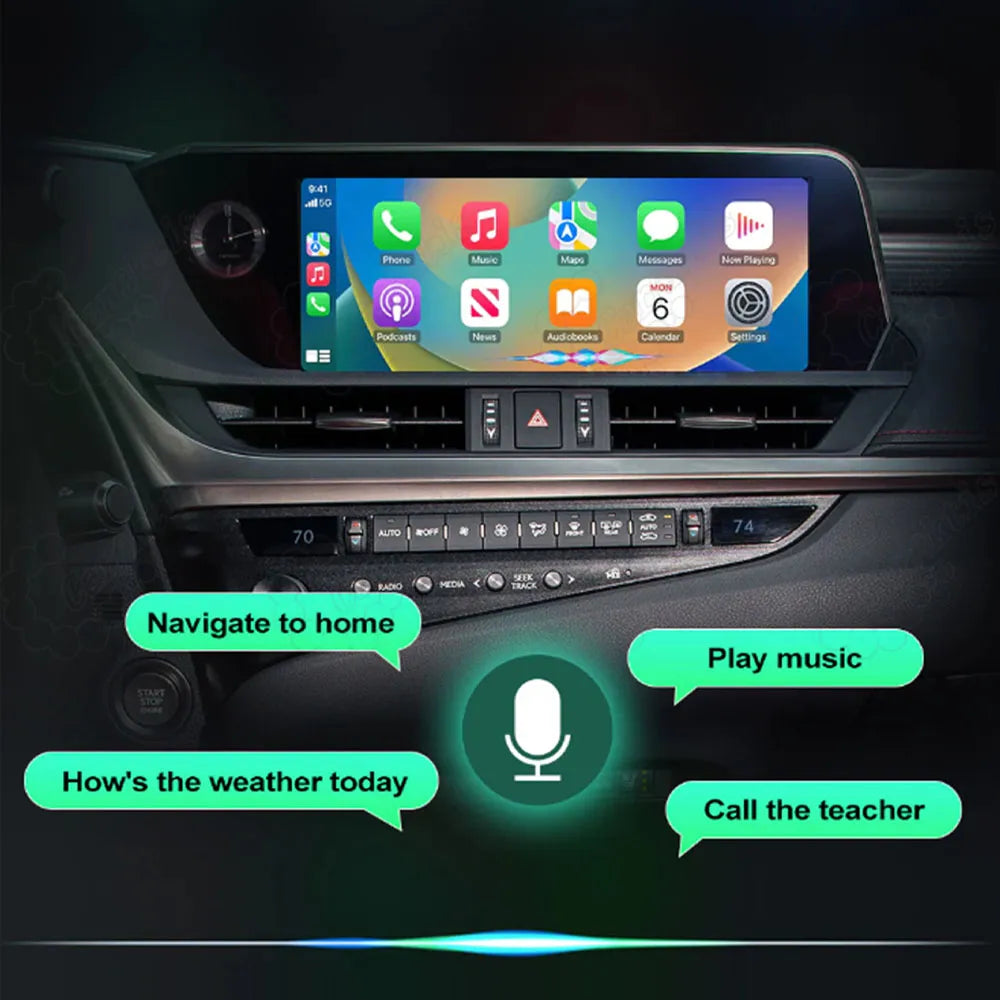Intelligent voice control feature diagram for Lexus CarPlay showing voice commands like Navigate to home, Play music, and How is the weather today.