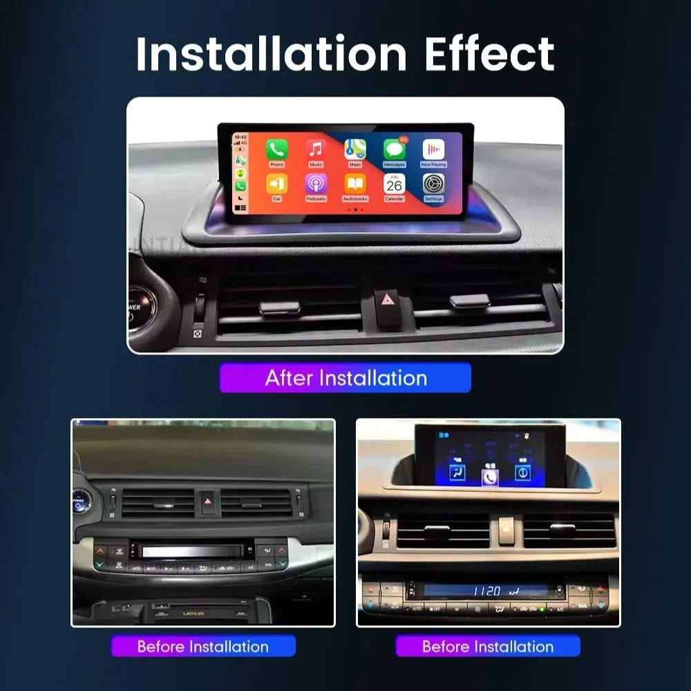 Before and after installation comparison of the Linux CarPlay multimedia screen upgrade for Lexus CT200h.
