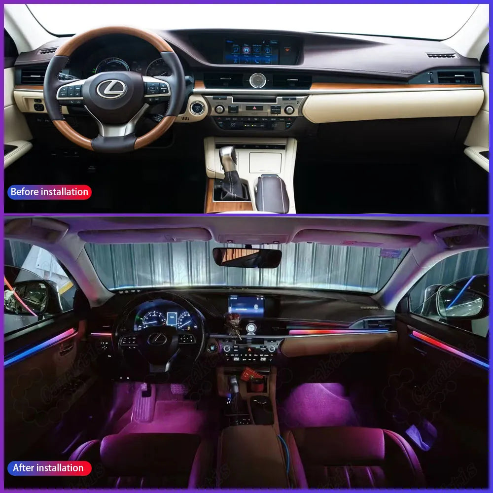 Side-by-side comparison of a Lexus ES (2013-2017) interior before and after installing Caraktis 64-color symphony ambient lighting. Above: dull factory cabin; Below: vibrant, high-tech interior with dynamic LED trim.