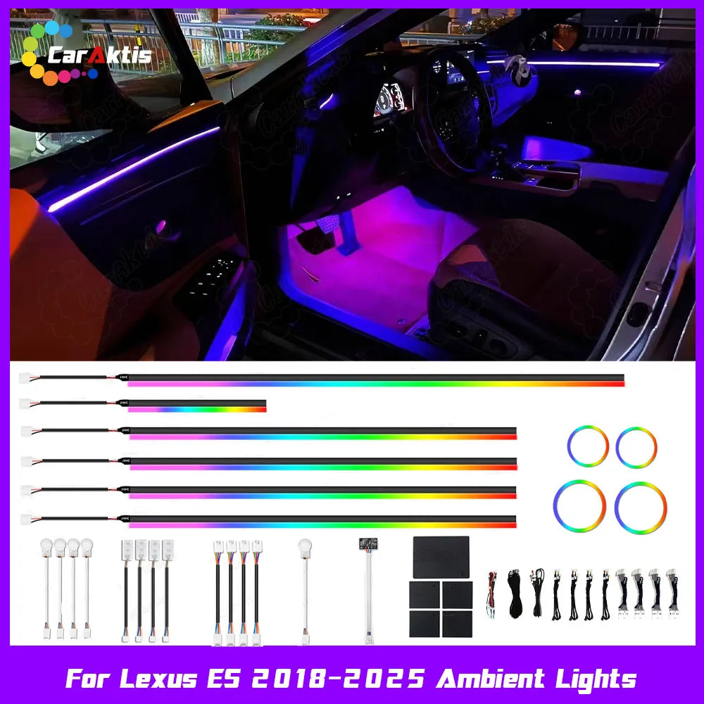 Premium LED ambient lighting kit illuminated inside a 2018-2025 Lexus ES luxury cabin at night.