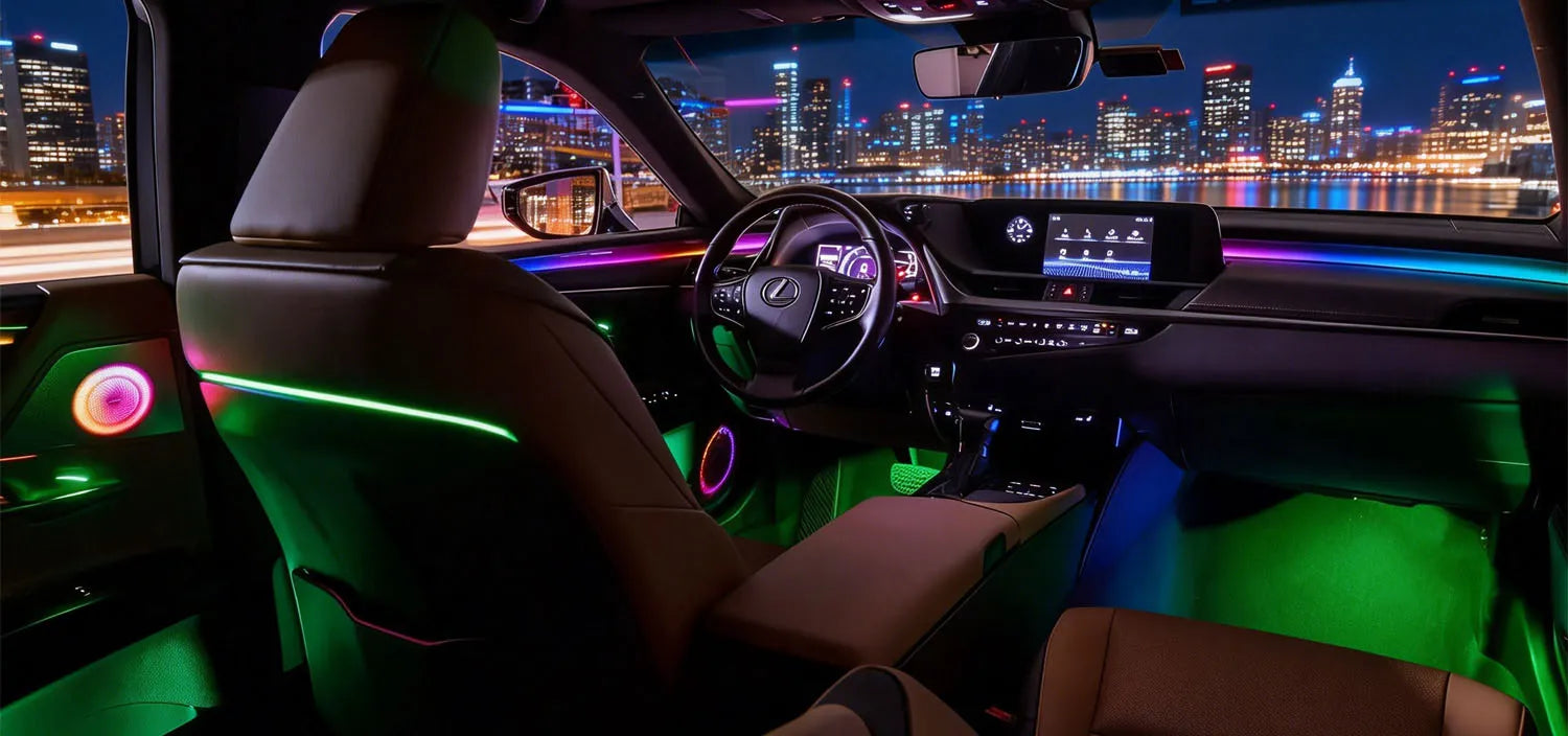 A photograph showcasing the complete, multi-color ambient lighting kit installed inside a Lexus ES cabin at night, featuring seamlessly integrated light strips across the dashboard, all four doors, and footwells.