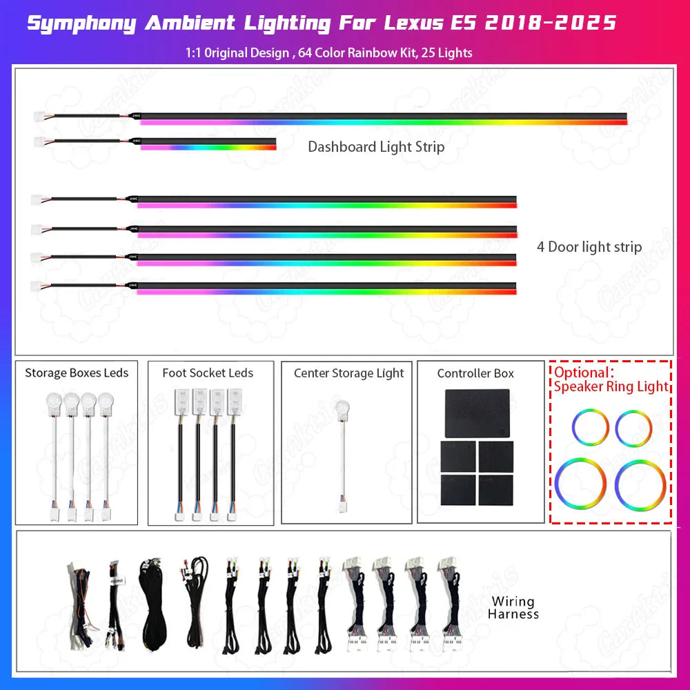 Optional add-on LED speaker ring lights upgrade kit with wiring harness for 2018-2025 Lexus ES audio system ambience.