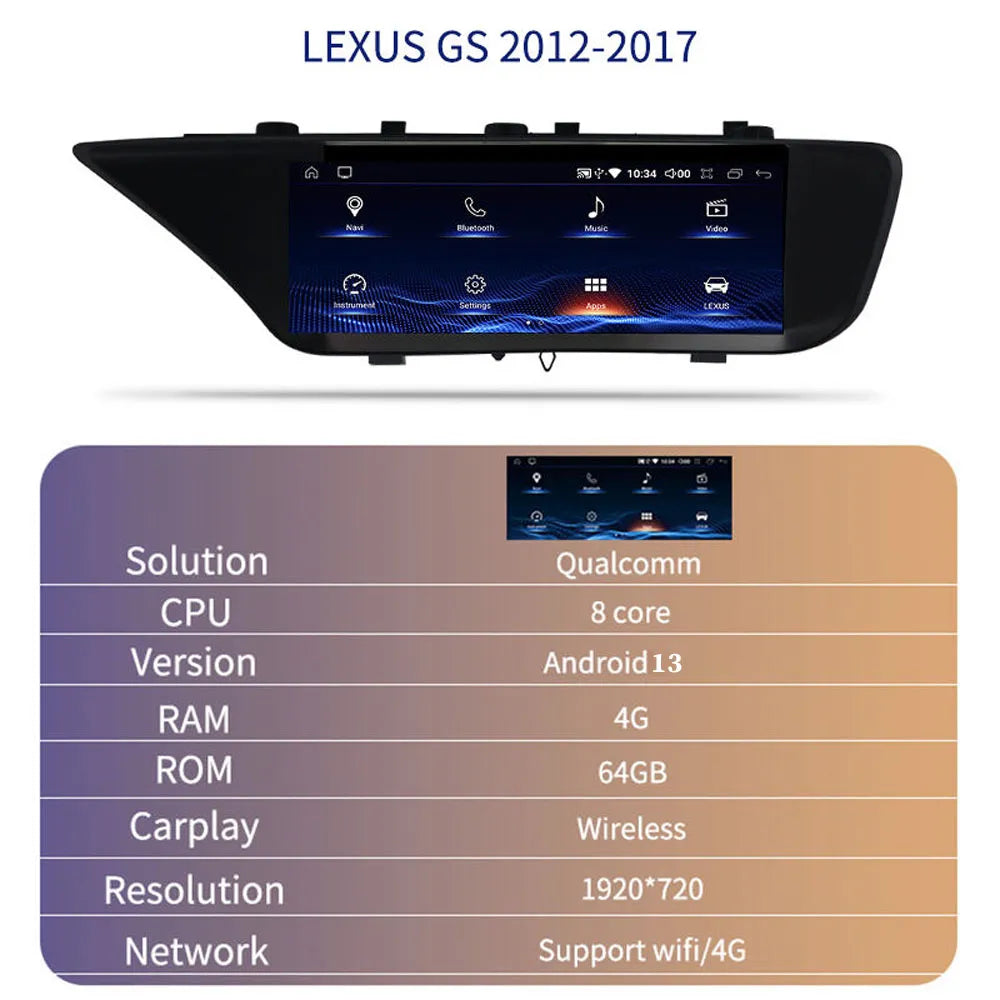 Qualcomm 8 core Android 13 car stereo specifications table for Lexus GS 2012-2017.