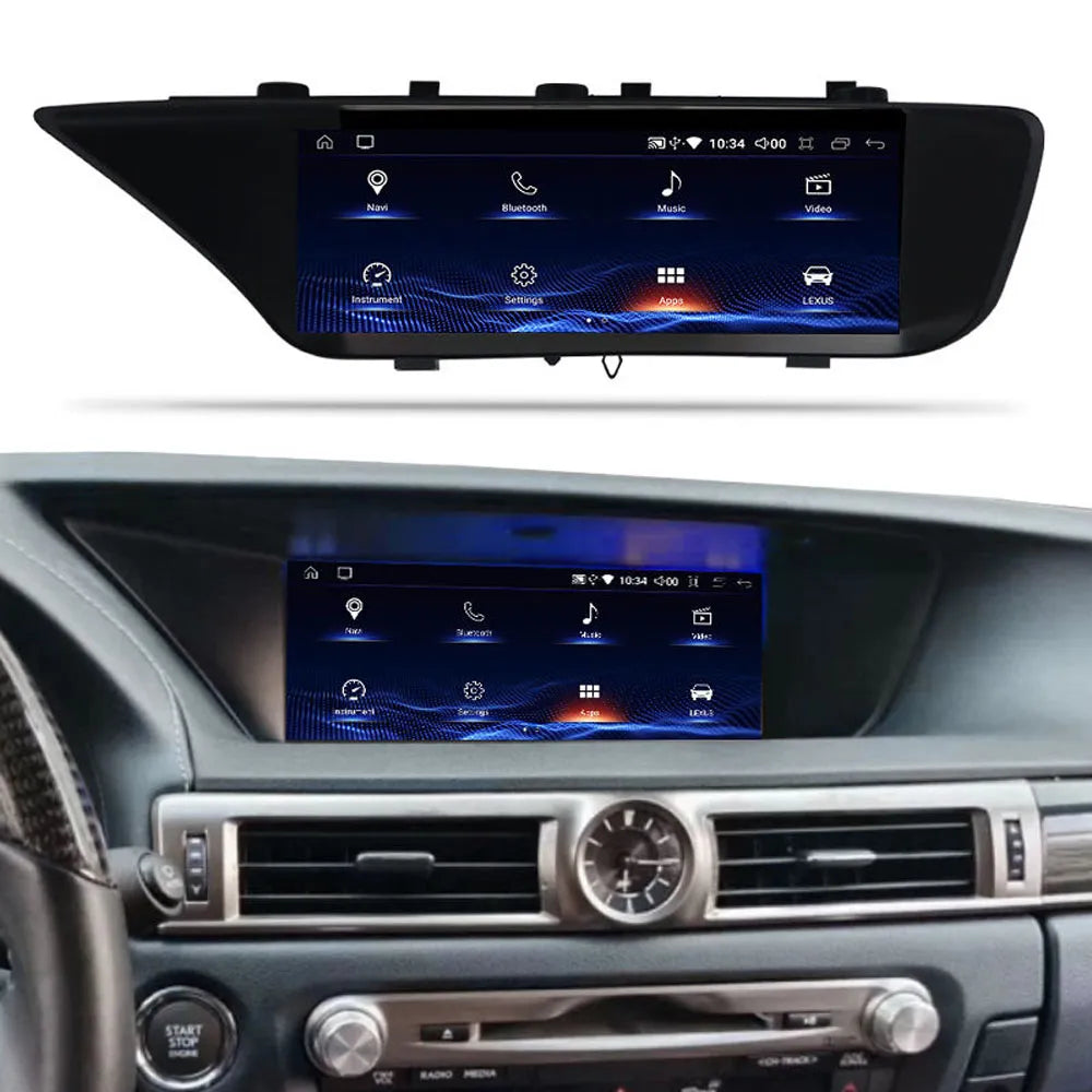 Main menu interface of the 12.3-inch Android head unit mounted in a Lexus GS dashboard.