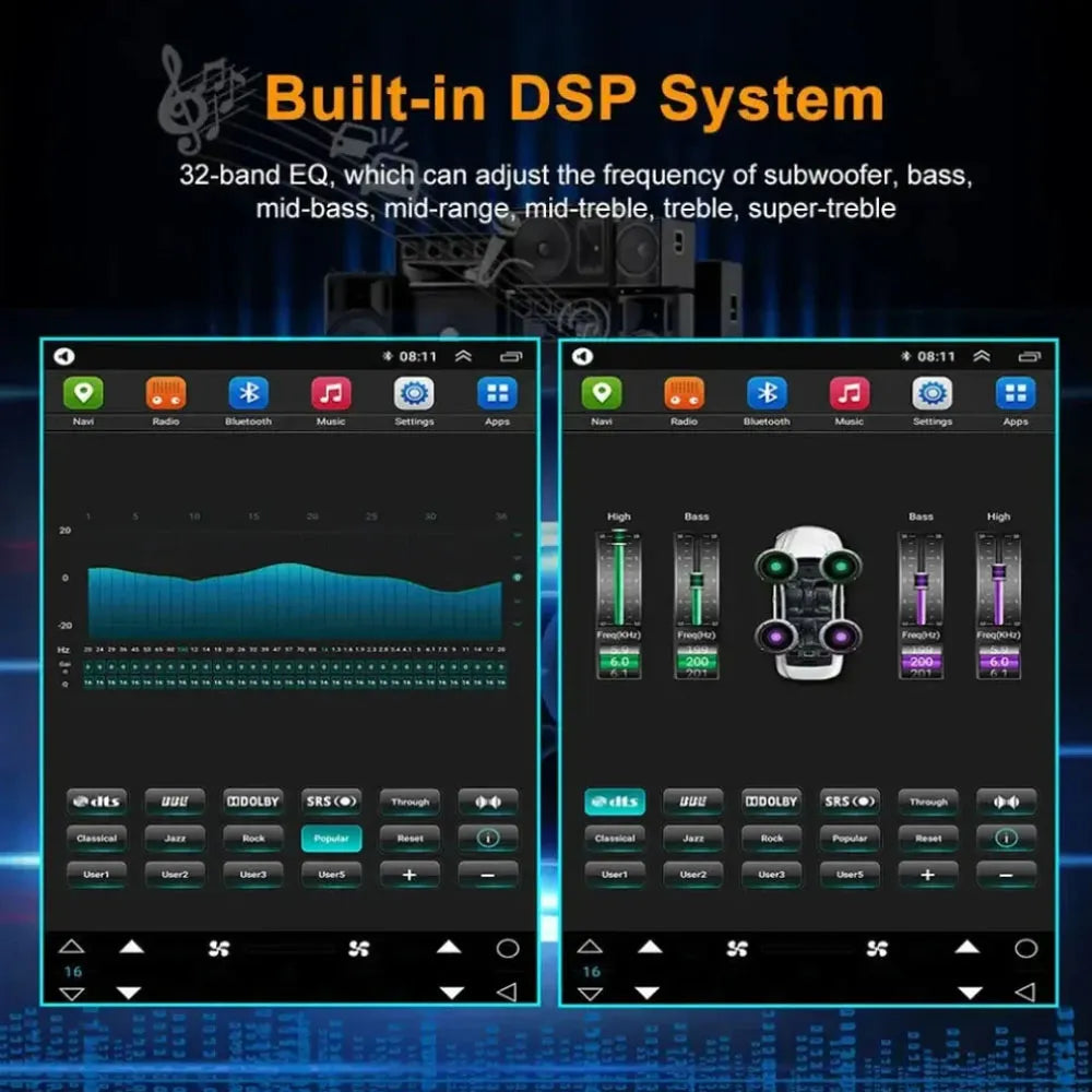 Lexus GX Android head unit featuring built-in DSP system with 32-band EQ audio adjustment.