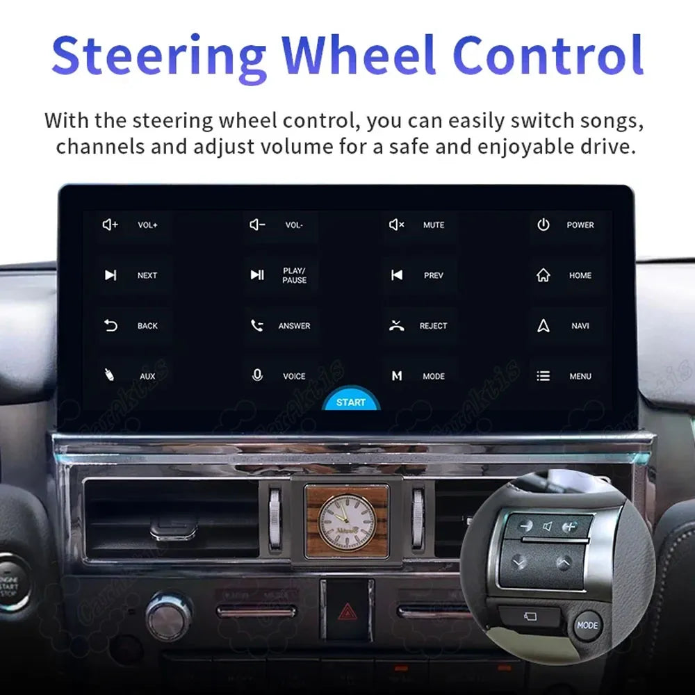 Steering wheel control function setup and button mapping menu on the 12.3-inch Android head unit for Lexus GX460.