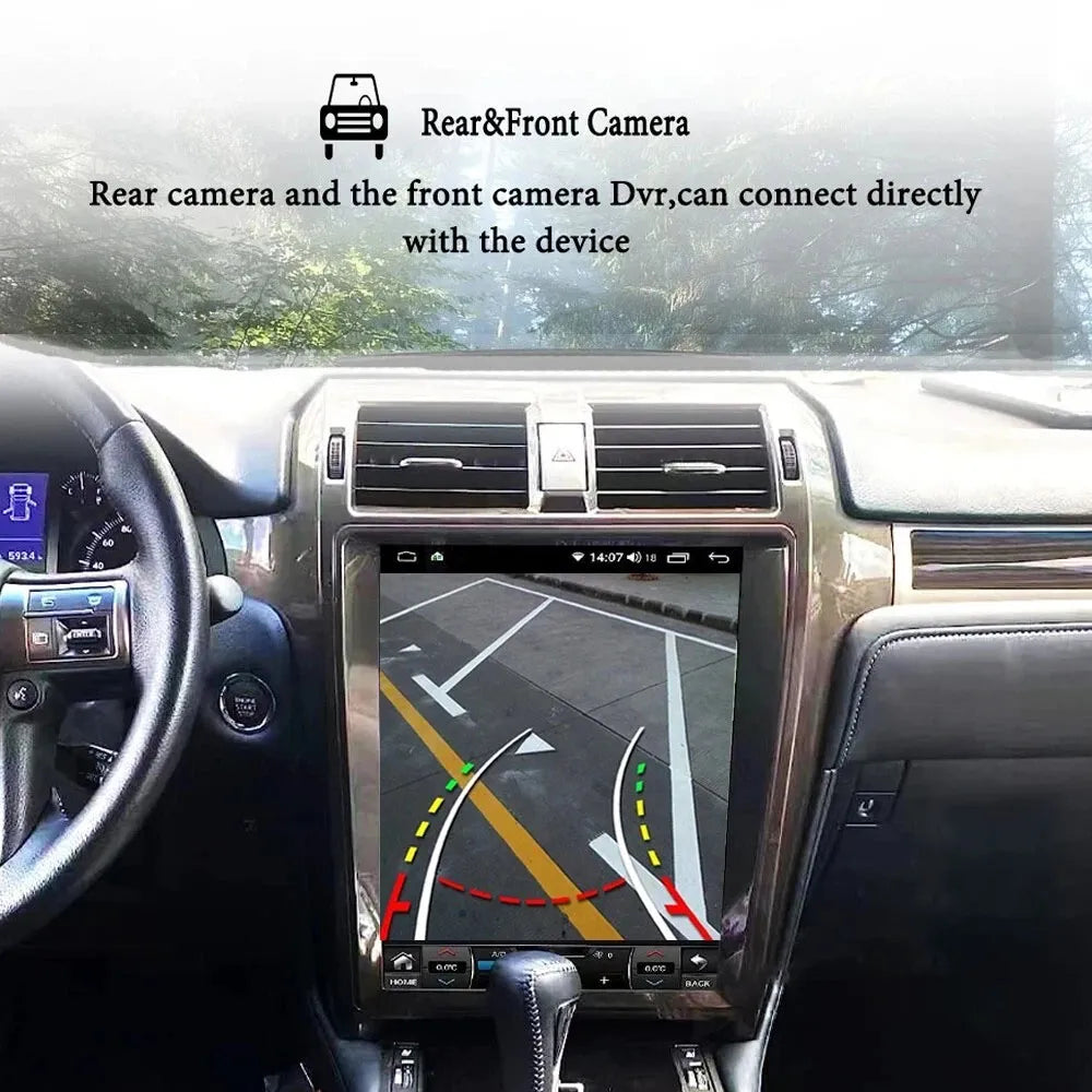 Rear and front view camera parking assist guidelines displayed on the 15-inch screen of the Lexus GX460 stereo.