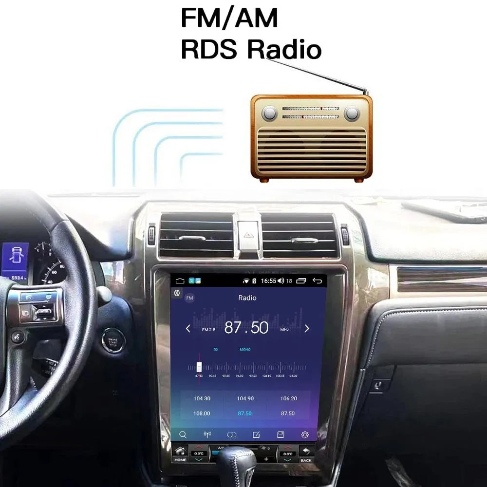 FM/AM RDS digital radio tuner interface displaying station frequencies on the Lexus GX460 display screen.