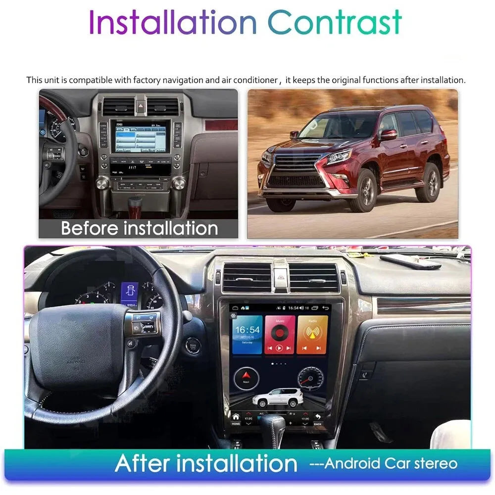 Before and after installation comparison showing the upgraded 15-inch Android stereo replacement in a Lexus GX460 dashboard.