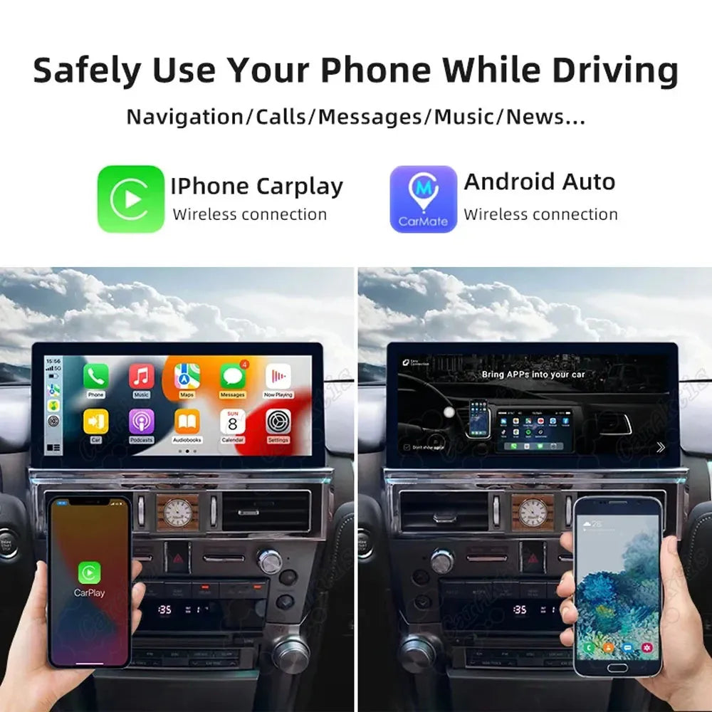 Wireless Apple CarPlay and Android Auto smartphone integration on the 12.3-inch Lexus GX460 head unit.