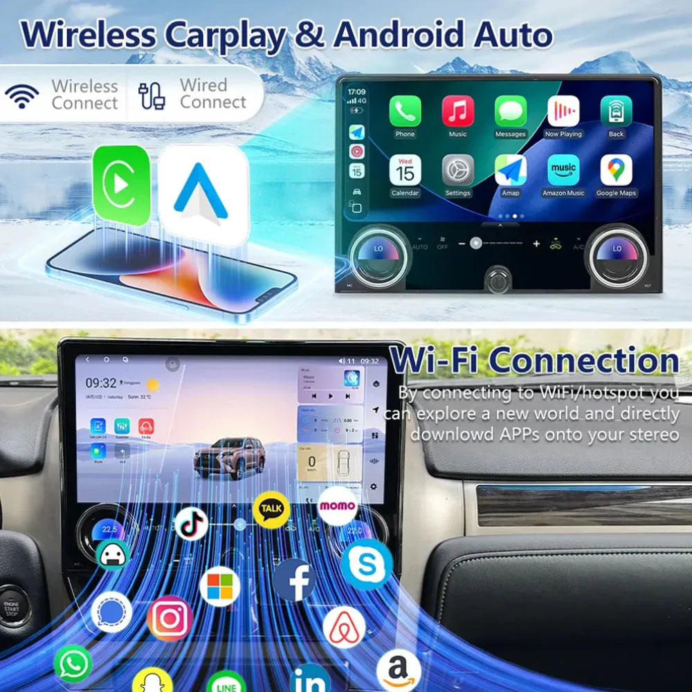Wireless Apple CarPlay, Android Auto, and Wi-Fi connection feature on 13.3 inch car radio