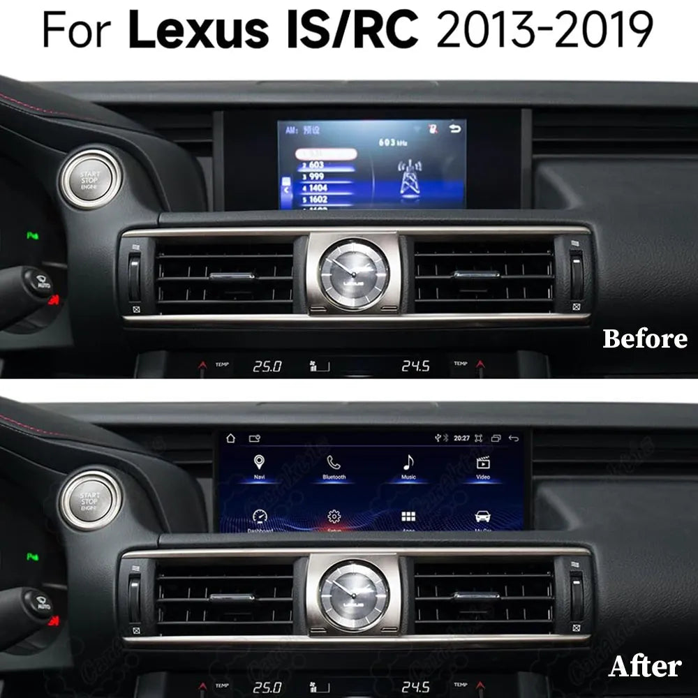 Before and after installation of 10.25-inch Android touchscreen radio upgrade for Lexus IS/RC 2013-2019.
