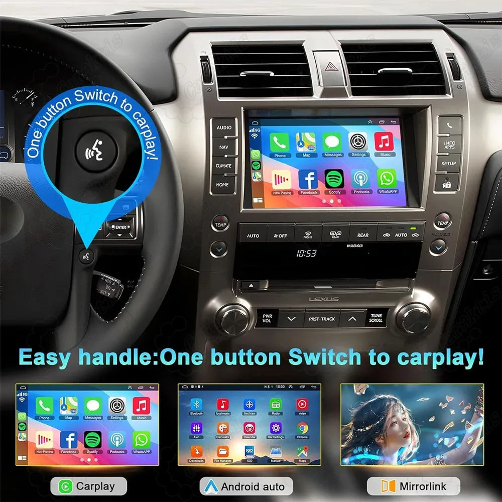 Detailed display of Mirror Link, iPhone AirPlay video streaming, and dual system switching on Lexus.