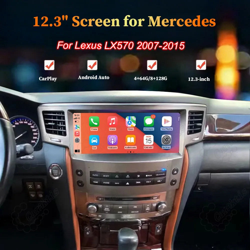 12.3 inch Android display screen upgrade for Lexus LX570 2007-2015 supporting Apple CarPlay and Android Auto.