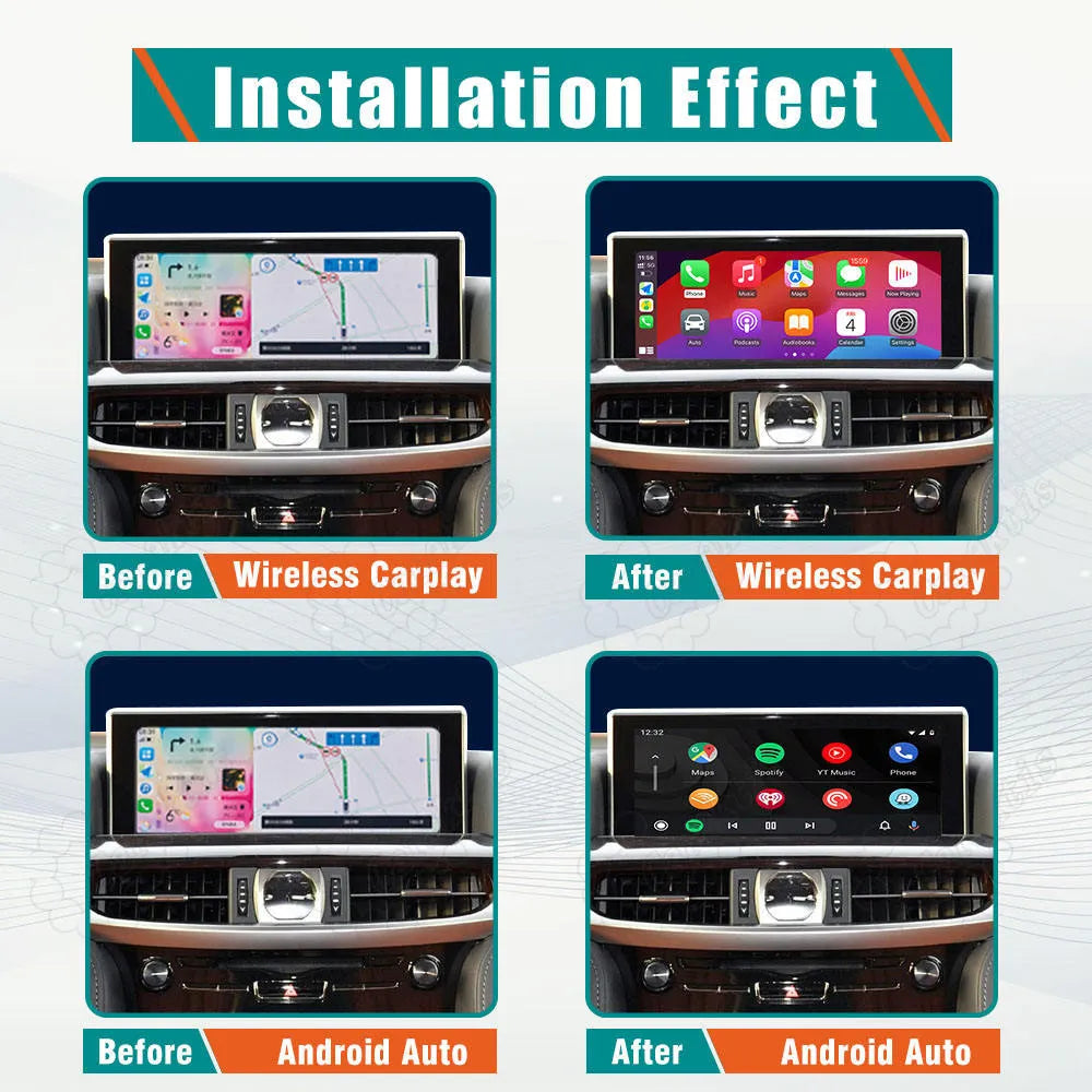 Before and after installation effect comparison showing the factory navigation screen upgraded to Apple CarPlay and Android Auto interfaces.