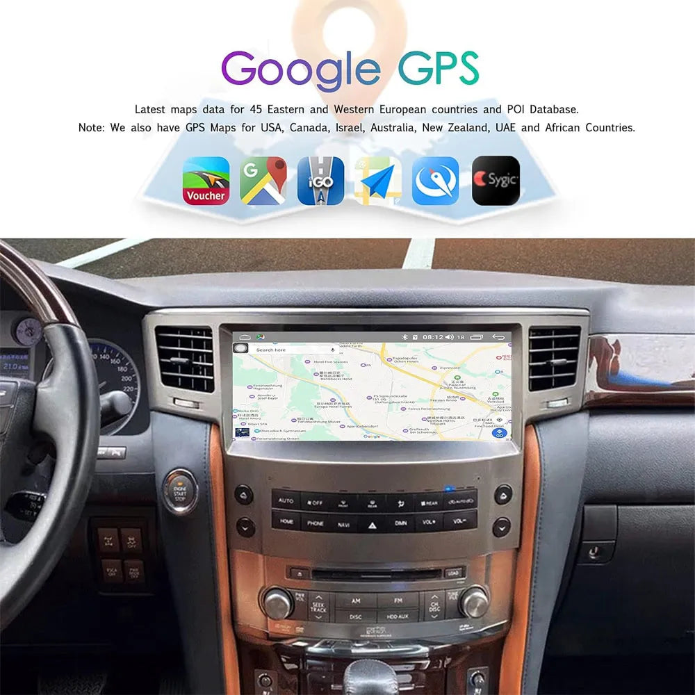 Lexus LX570 Android display showing Google GPS navigation with online and offline map support.